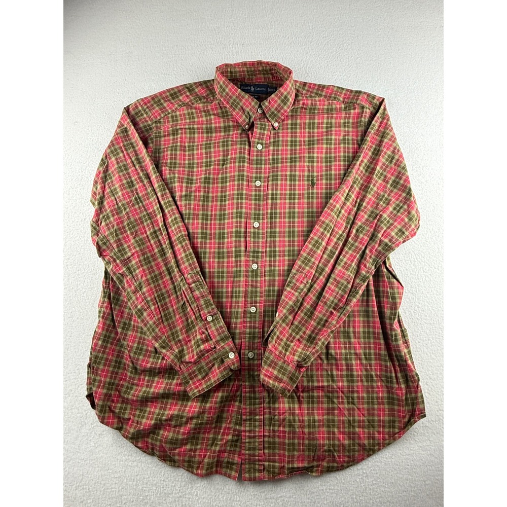 Ralph Lauren XXL Classic Fit Plaid Button Down Shirt Red Olive Men's Long Slv